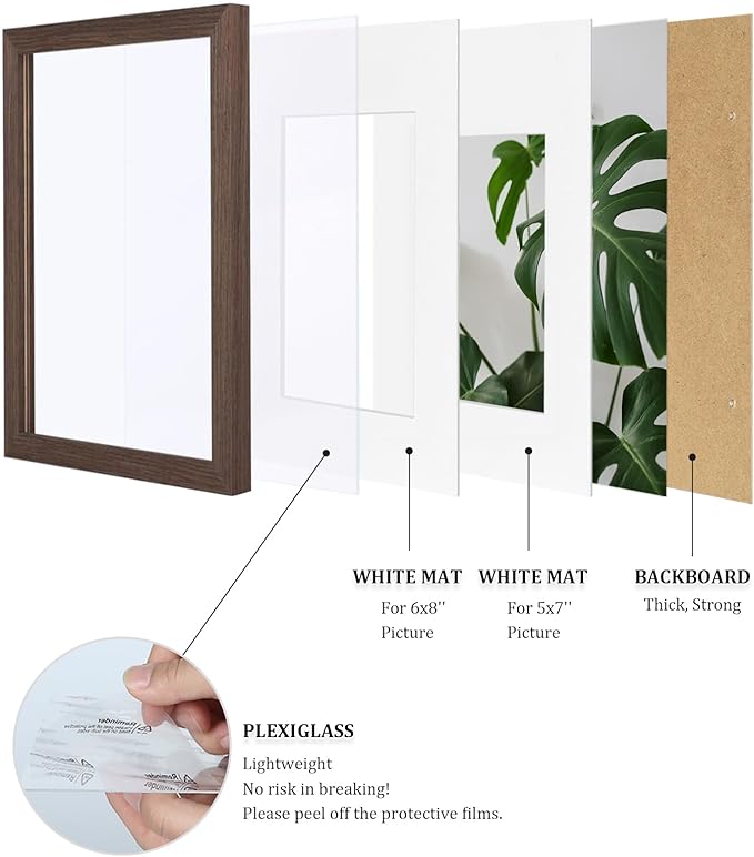 Egofine 8x12 Picture Frames Set of 4, Made of Solid Wood Covered by Plexiglass 5x7 and 6x8 with Mat or 8x12 without Mat, for Table Top Display and Wall Mounting Photo Frame Brown