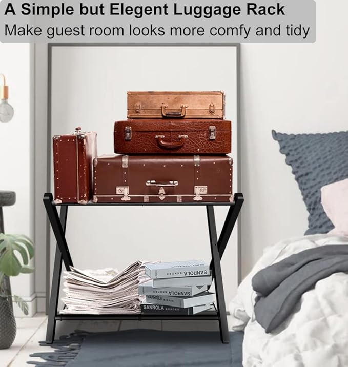Folding Luggage Rack for Guest Room, Metal Foldable Suitcase Stand Holder with Metal Shelf for Bedroom, Black, 2pack