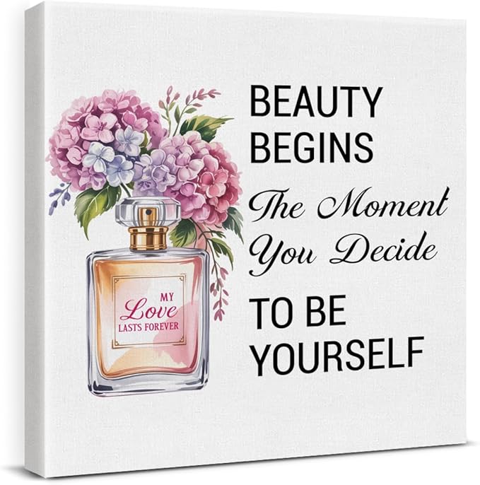Inspirational Pink Flower Wall Art Decor for Powder Room Bedroom Bathroom, Motivational Quotes Wall Decor Canvas Painting Pictures Artwork Gift for Women Teens (8 X 8 Inches, Framed)