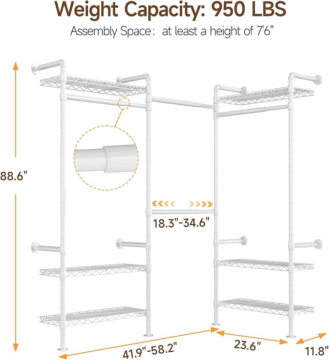 L3 Industrial Pipe Closet Organizer System, Wall Mounted Clothes Rack Clothing Racks with 4 Telescopic Rods & 6 Shelves , Heavy Duty Closet System in Wardrobe Closet (White)