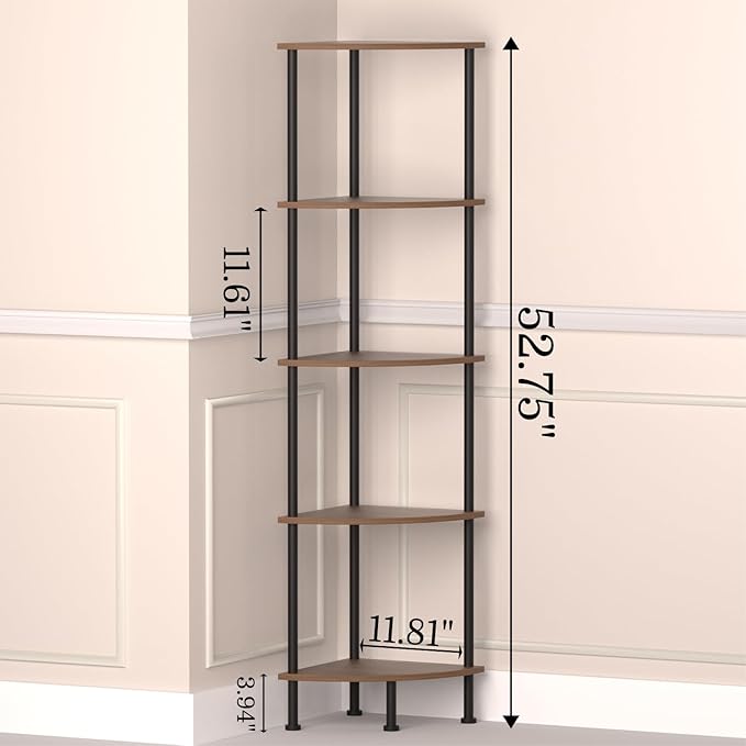 5-Tier Corner Shelf Stand, 52" Industrial Corner Display Rack for Living Room, Bookshelf, Tall Display Shelf, Plant Stand, Storage Standing Shelf for Bedroom, Bathroom, Kitchen, Brown