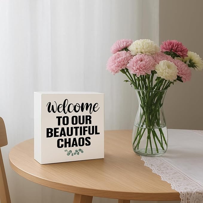 Farmhouse Home Decor, Welcome To Our Beautiful Chaos Wooden Sign, Living Room Wall Art, Family Room Signs, Housewarming Gift, Box Sign Decor Tabletop, Hallway Decoration, 5.1x5.1inches