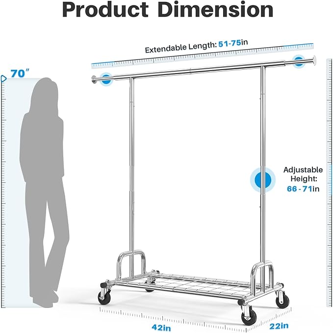 HOKEEPER Clothing Garment Rack Capacity 525LBS Clothing Racks on Wheels Rolling Clothes Rack for Hanging Clothes Heavy Duty Collapsible Commercial