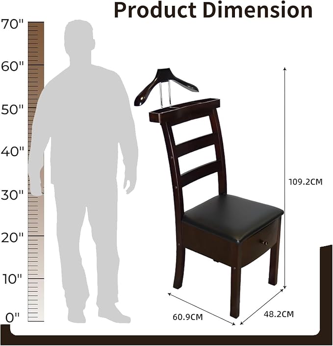 Suit Valet Stands for Men Women Contour Hanger Chair Valet with Drawer and Trouser Bar Wooden Valet Stand Organizer Storage for Entryway Bedroom