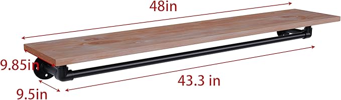 Clothes Rack 48in, Wall Mounted Garment Rack with Real Wood Shelf, Heavy Duty Hanging Clothes Rack, Multi-Purpose Hanging Rod, Space-Saving Closet Storage