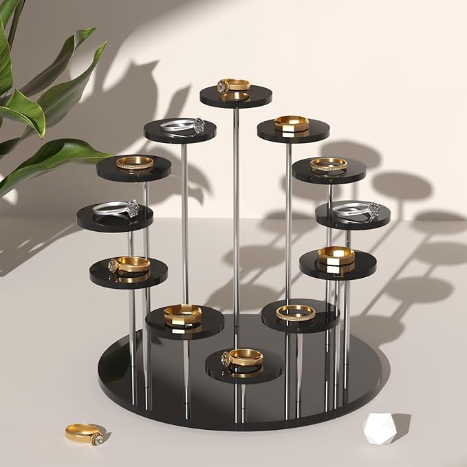 Round Acrylic Display Riser Stands, 12 Tier Jewelry Display Stands for Rings Earrings Mini Figurines 1 Pack(Black)
