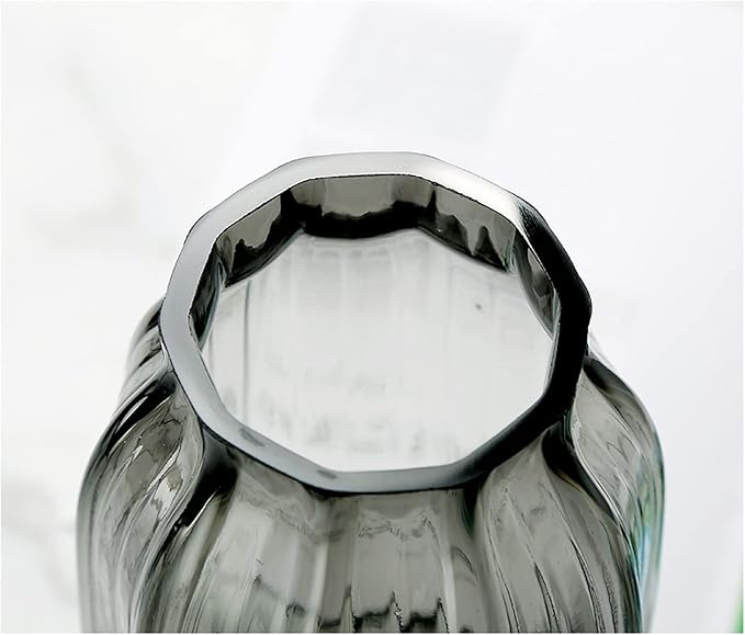Black Grey Glass Vase for Flowers,Dark Grey Bud Tall Glass Vases,H-8.0" Simple Striped Design for Home Floor Decor,Farmhouse Decor, Centerpiece Coffee Table Decorations