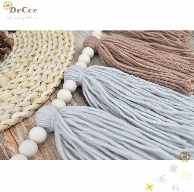 DrCor Neutral Boho Tassel Garland – Handmade Cream, Brown & Gray Yarn Banner for Nursery, Baby Shower, Birthday Party, Rustic Farmhouse Wall Hanging & Warm Cozy Home Decor