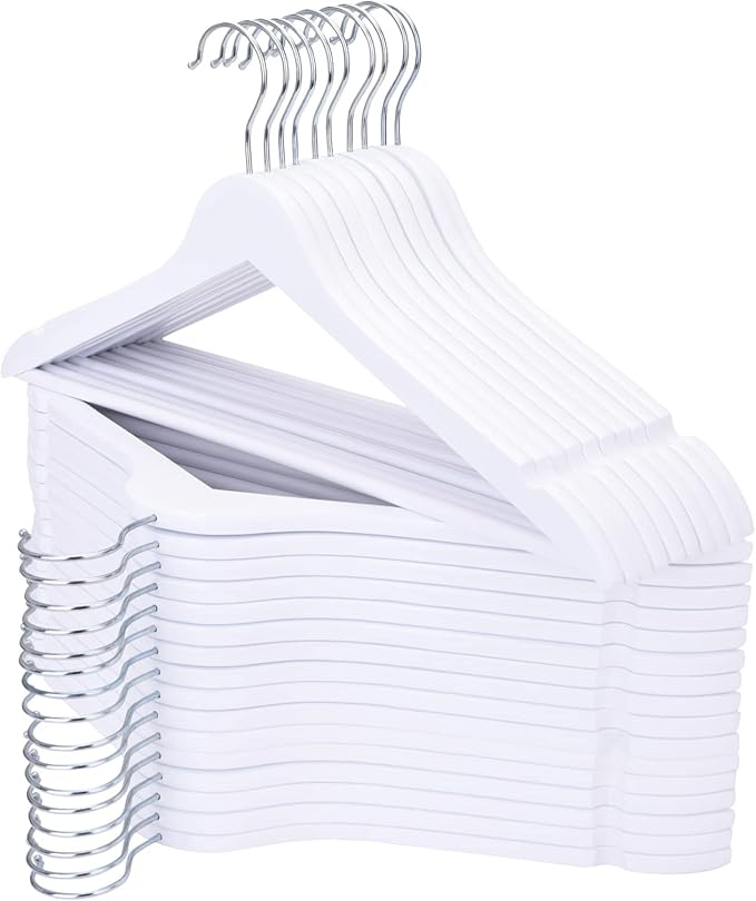 ELONG HOME Wooden Hangers 30 Pack, Wood Hangers with Extra Smooth Finish, Precisely Cut Notches & Chrome Swivel Hook, Wooden Clothes Hangers for Shirt Coat Jacket Dress, White
