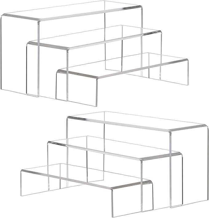 ANDGOO Display Risers, 6 Pcs(7.9”L~8.3”L~8.7”L) Rectangular Clear Acrylic Showcase Collectibles Display Stands Suitable for Retail Shoe Showcase Jewelry Funko Pop Figures