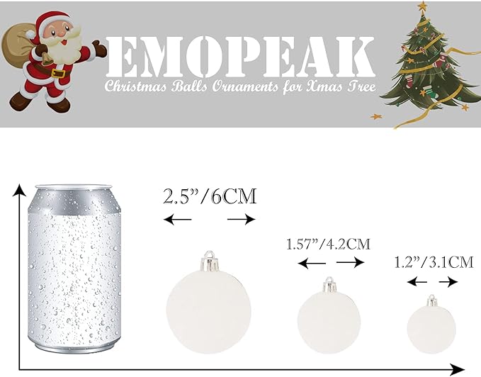 Emopeak 24Pcs Christmas Balls Ornaments for Xmas Christmas Tree - 4 Style Shatterproof Christmas Tree Decorations Hanging Ball for Holiday Wedding Party Decoration (White, 2.4"/6.2CM)