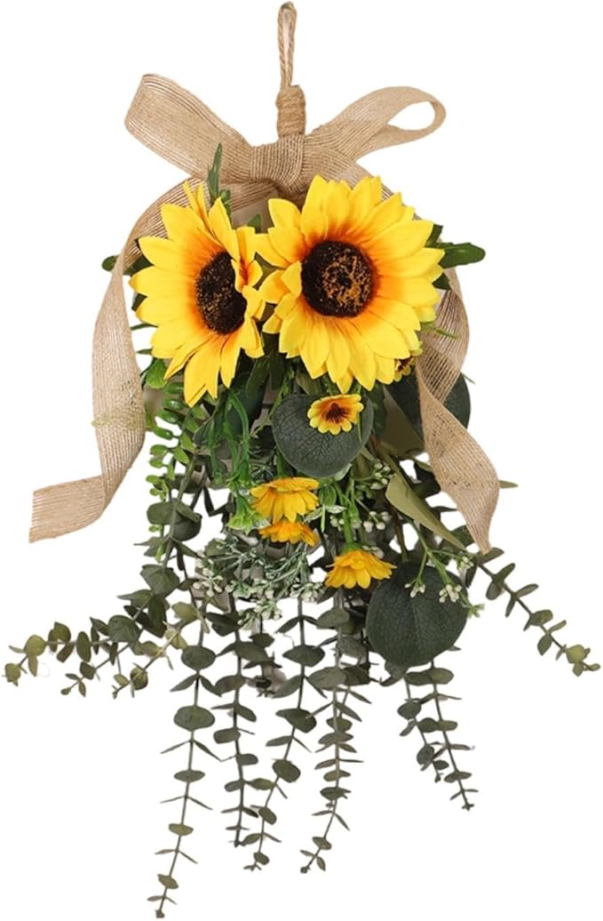 Sunflower Swag Lifelike Rustic with Green Leaves Garland Adornment Spring Summer Door Wreath Flower Swag for Holiday Window