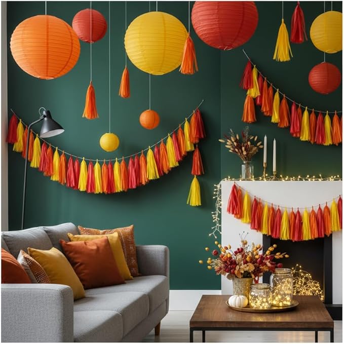 15Pcs Red Orange and Yellow Paper Tassel Garland,Tissue Tassel Banner for Thanksgiving Firefighter Party Decoration