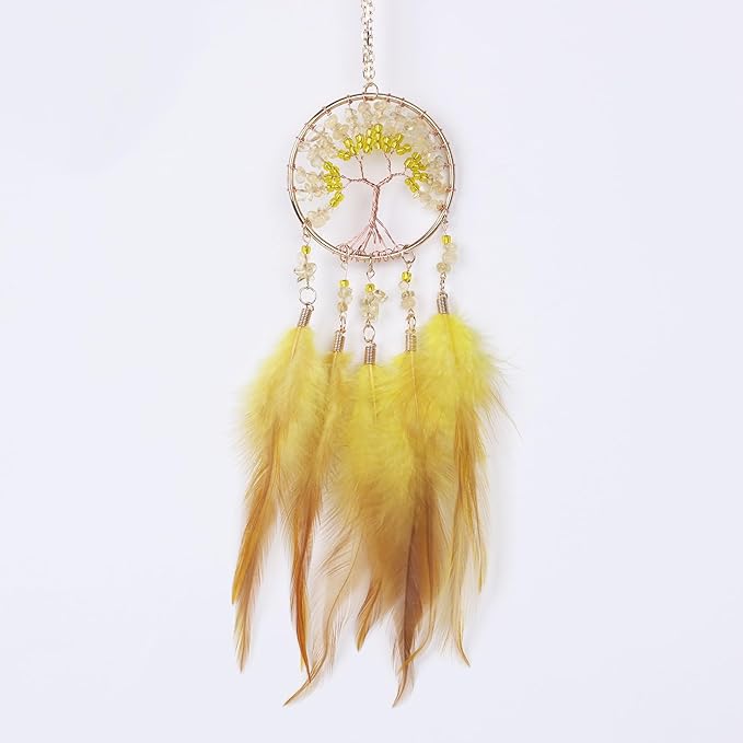 Pretty Jolly Small Tree of Life Crystal Stone Dream Catchers Yellow Feathers Mini Dreamcatchers for Cars Rear View Mirror Hanging Decoration Good Luck Travel Charm Bedroom Ornaments for Women Girls