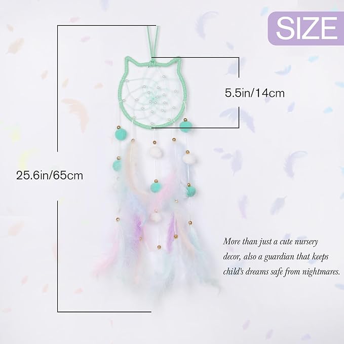 Pretty Jolly Green Cat Kids Dream Catcher Wall Decor Pompom Feather Baby Dreamcatcher Handmade Children Dream Catcher Home Décor Wall Hanging for Nursery Bedroom Boys Girls Birthday Gift-25.6in