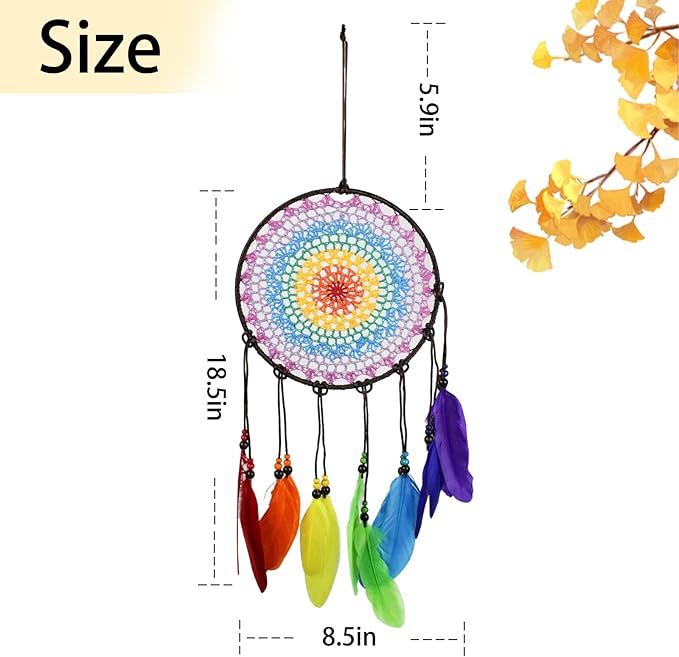 Dream Catcher Wall Decor Kit with Feathers and Beads Pendant, Handwoven for Bedroom Living Room Decoration (Rainbow)