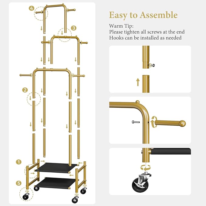 Chrislley Small Clothing Rack With Wheels, 71" Portable Rolling Garment Rack With 2 Shelves and 6 Hooks, 3-Section Different Heights Heavy Duty Metal Clothes Rack For Coats, Shirts, Bags, Shoes, Gold