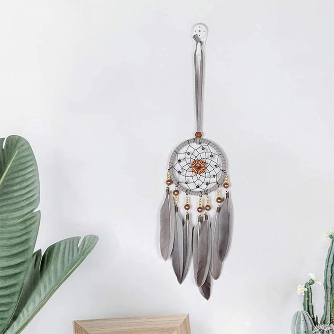 Feather Dream Catcher Car Interior Rearview Pendant, Feather Dream Catchers Wall Hanging Decorations(Style 1 - Grey)