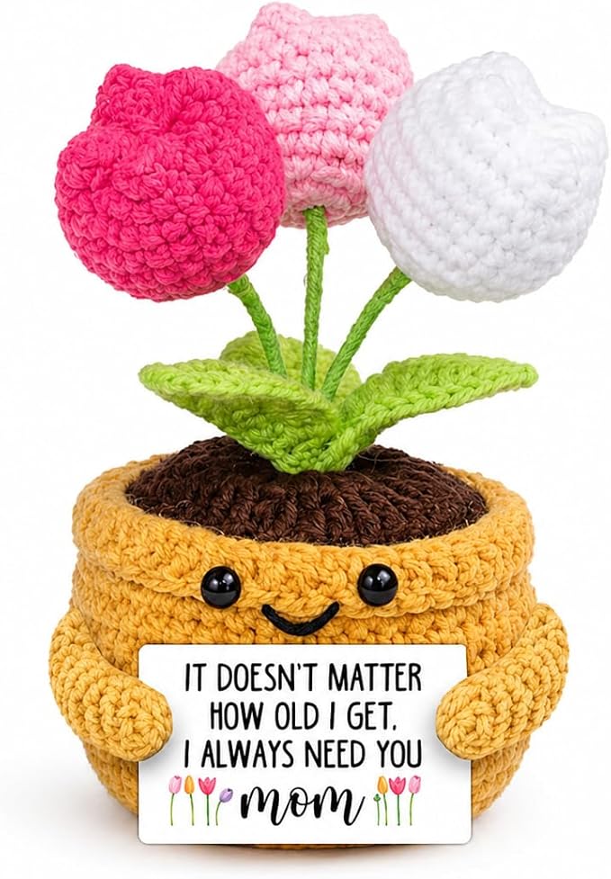 Velyra Tulip Crochet Doll, Handmade Style Emotional Support Plush Toy Figure, I Always Need You Mom Positive Flower Pot Doll, Mother's Day Birthday Gift from Daughter Son, Desk Shelf Decor