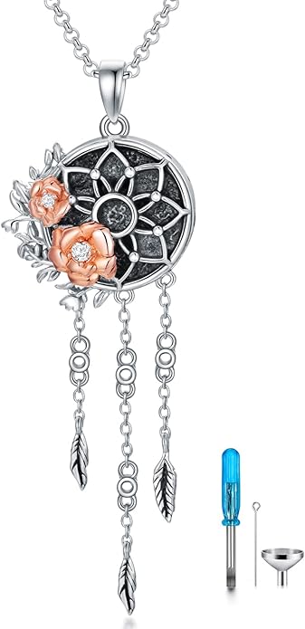 Dream Catcher Pendant Necklace 925 Sterling Silver Synthetic Moonstone Crystal Sunflower Rose Flower Evil Eye Dreamcatcher Cremation Jewelry Gifts for Women Wife Mom
