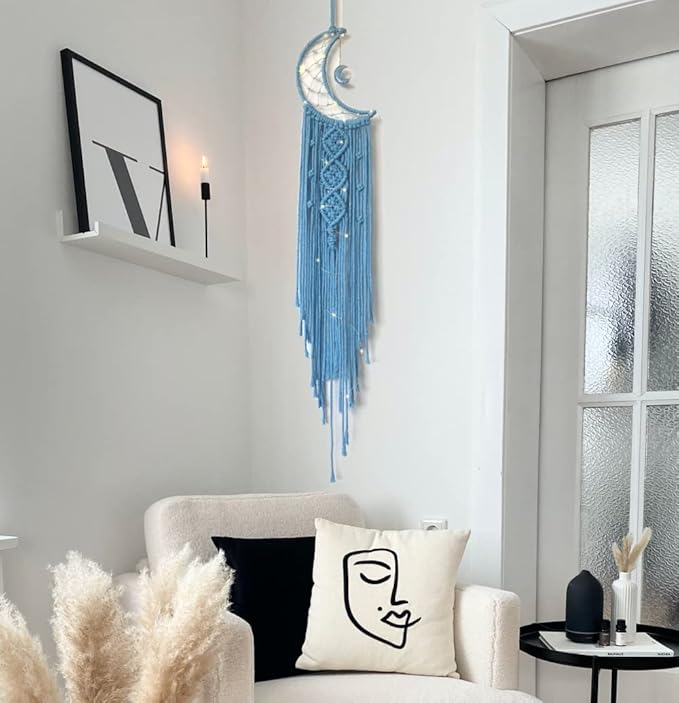 Dream Catchers Moon Dream Catcher with Light, Blue Dream Catcher for Girls Room Wall Decor for Women, Macrame Dreamcatcher Boho Bedroom Decor for Teen Girls Boys for Mom Room Decor