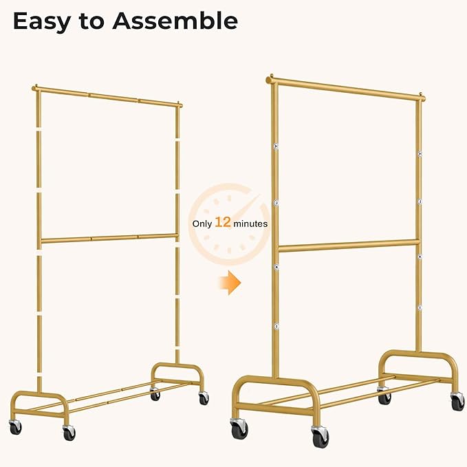 MISSLO Heavy Duty Clothes Rack for Hanging Clothes Rolling Clothing Rack Heavy Duty on Wheels for Coat, Garment, Gold(Double Rod)