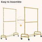 MISSLO Heavy Duty Clothes Rack for Hanging Clothes Rolling Clothing Rack Heavy Duty on Wheels for Coat, Garment, Gold(Double Rod)