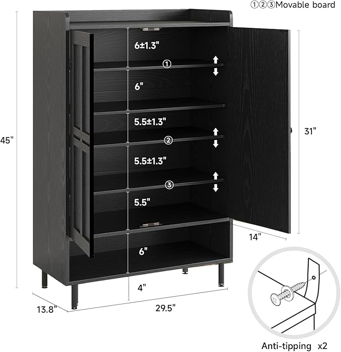 Black 7+1 Tier Farmhouse Shoe Storage Cabinet - 45" Tall Entryway Organizer with Cross Molding Doors, 3 Adjustable Shelves & Metal Legs, Shoe Rack for Front Door Entrance