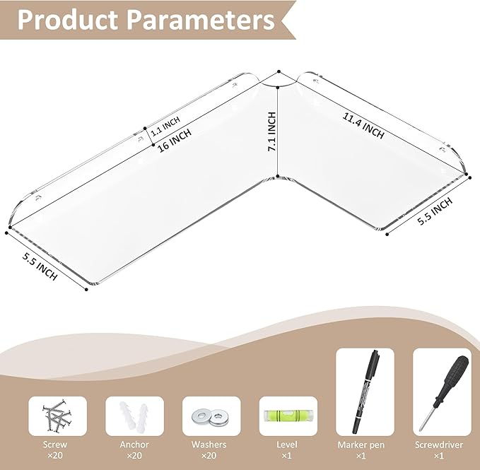 Sezanrpt 11.4x16 Inch Acrylic Corner Floating Shelf Set of 4, Clear Corner Wall Shelf for Home Décor, Speakers, Security Cameras, Toileries, Plants, Figures, Cosmetics, Books