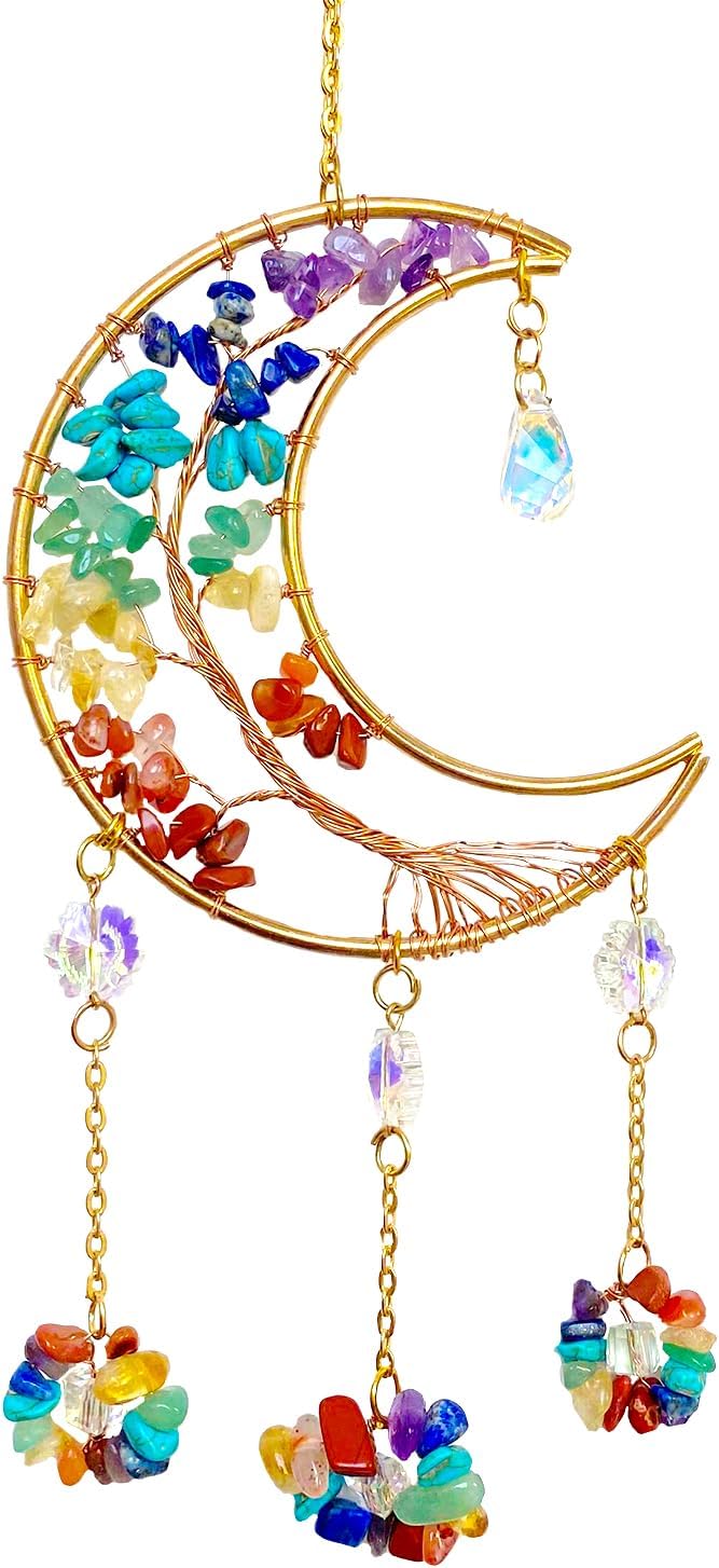 Moon Dream Catchers with Crystal 7 Chakra Gemstone Dream Catchers Crystal Suncatcher Rainbow Maker Good Luck Decor for Window Wall Car Home Garden (Moon)