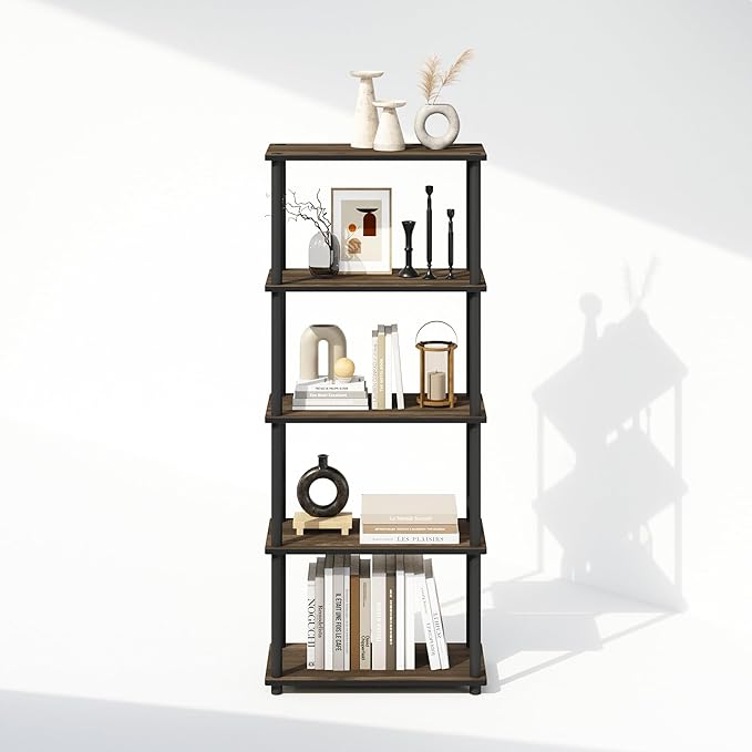 Furinno Turn-N-Tube Book Shelf, 5-Tier Bookshelf, Bookcase with Multipurpose Compact Display Rack, 11.6 x 23.6 x 57.4, for Living Room, Bedroom, Home Office, Columbia Walnut/Black