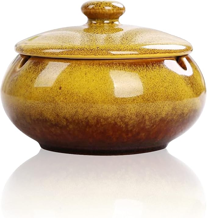 Lependor Ceramic Ashtray with Lids, Windproof, Cigarette Ashtray for Indoor or Outdoor Use，Ash Holder for Smokers,Desktop Smoking Ash Tray for Home Office Decoration - Yellow