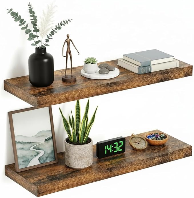 Vivelove Floating Shelves for Wall, 24 inch Wall Shelves for Bathroom Bedroom, Living Room, Kitchen, Office, Rustic Farmhouse Shelf Decor with Invisible Bracket, 24x9x1.6, Set of 2, Rustic Brown