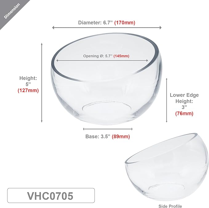 WGVI Slant Cut Bowl Glass Vase, Width 6.7", Height 5", Clear Terrarium, Candy Dish, Fruit Jar, Floral Container for Wedding Party Event, Home Office Decor, 1 Piece