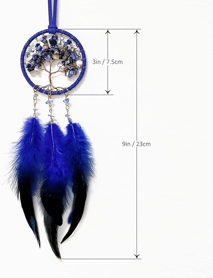 LOMOHOO Dream Catcher Car Rear View Mirror Pendant Car Charm with Crystal Beads Tree of Life Small Dream Catchers for Rearview Mirror Hanging Kids Bedroom Decor 3”Diameter (Blue)
