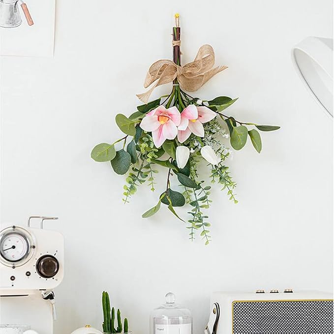 Artificial Teardrop Wreath, 17inch Decorative Swag with Flower and Eucalyptus Leaves, Hanging Simulation Flowers Bouquet, Spring Summer Wall Swag for Wedding Arch Wall Decor(#5)