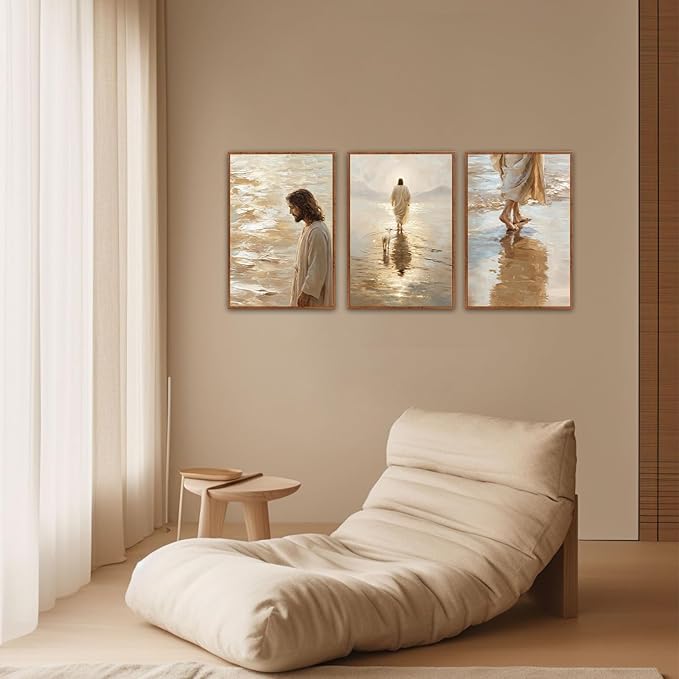 KAlRNE Jesus and the Lost Sheep Wall Art Set of 3(16’’X24’’),Framed Christian Canvas Prints,Neutral Watercolor Jesus Walking on Water Religious Decor for Living Room Bedroom