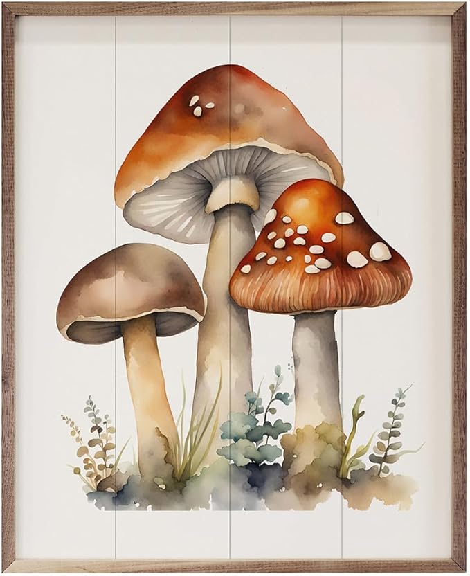 Kendrick Home Mushroom Decor - Three Mushrooms Wall Art, Mushroom Themed Decor and Accessories for Kitchen, House, Bedroom, or Office, Cottage Core Decorations, Vintage Nature Gifts, 8" x 10"