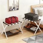 2 Pack Bamboo Luggage Rack for Guest Room, 26.77" Folding Wide Suitcase Stand with Fabric Storage Shelf, Thickened Luggage Stand Holder for Bedroom Hotel, Luggage Rack for Suitcases (2 Pack - White)
