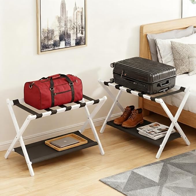 2 Pack Bamboo Luggage Rack for Guest Room, 26.77" Folding Wide Suitcase Stand with Fabric Storage Shelf, Thickened Luggage Stand Holder for Bedroom Hotel, Luggage Rack for Suitcases (2 Pack - White)