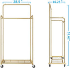 Simple Trending Double Rod Clothes Garment Rack, Heavy Duty Clothing Rolling Rack on Wheels for Hanging Clothes,with 4 Hooks, Gold