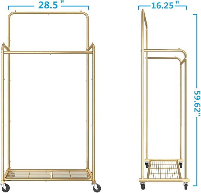 Simple Trending Double Rod Clothes Garment Rack, Heavy Duty Clothing Rolling Rack on Wheels for Hanging Clothes,with 4 Hooks, Gold