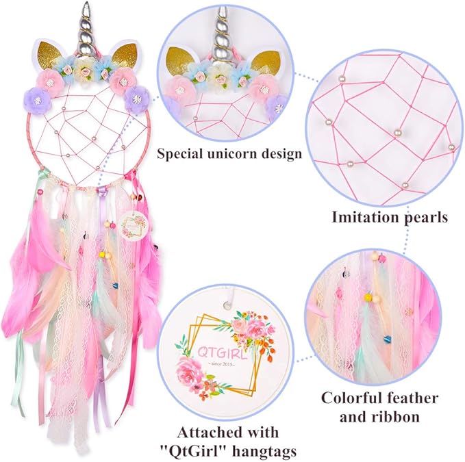 QtGirl Dream Catchers for Kids Unicorn Wall Decor for Girls Bedroom Flower Feather Wall Hanging Decoration