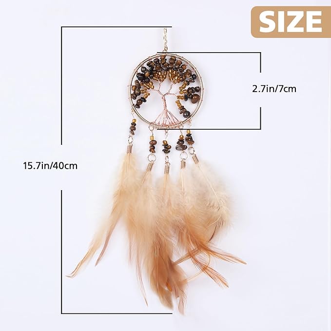 Pretty Jolly Small Tree of Life Crystal Stone Dream Catchers Brown Feathers Mini Dreamcatchers for Cars Rear View Mirror Hanging Decoration Good Luck Travel Charm Bedroom Ornaments for Women Girls