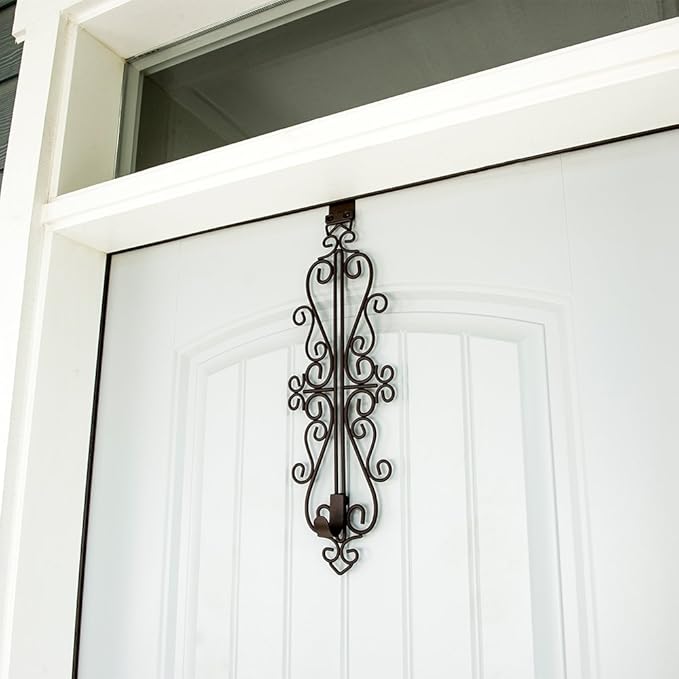 [Front Door WREATH HANGER] - Colonial Design | ADJUSTABLE Hook Length for Tall and Small Doors | PADDING to Prevent Damage like Scratch and Dents | Heavy Duty Cast Iron Metal Hangar - (Brown)