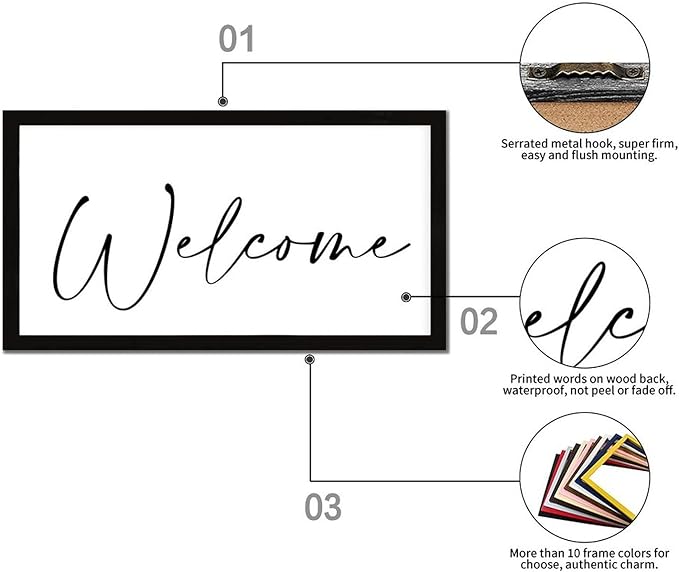 Rustic Chic Style 12x22in Farmhouse Wood Sign with Encouragement Quote Welcome Family Lettering Black Frame Wooden Plaque for Washroom Farmhouse Porch Cottage Wall Decor Birthday Housewarming Gift