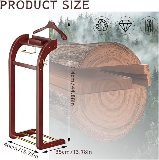 Suit Valet Stands for Women and Men, Wood Valet Stand with Base, Wardrobe Suit Valet Stand Organizer with Trouser Bar and Tie Bar, for Office Living Room (Reddish-Brown)