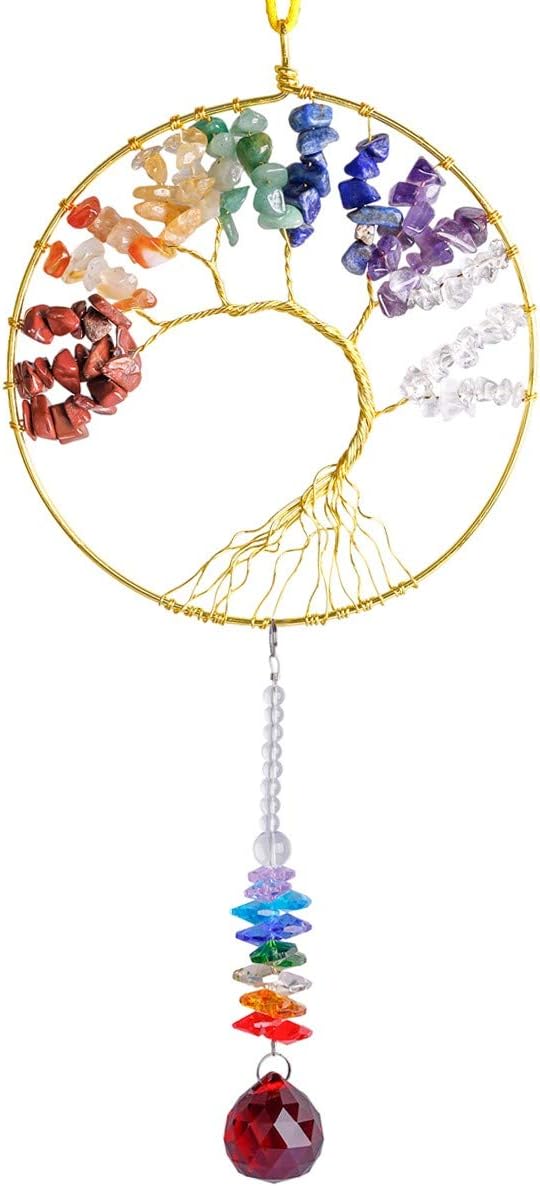 rockcloud Hanging Tree of Life Crystal Point Prism Glass Holiday Decorations Wall Decor Christmas Tree Ornaments Suncatcher Wedding Souvenir Home Decor 4 inches, Colorful Stones