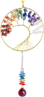 rockcloud Hanging Tree of Life Crystal Point Prism Glass Holiday Decorations Wall Decor Christmas Tree Ornaments Suncatcher Wedding Souvenir Home Decor 4 inches, Colorful Stones