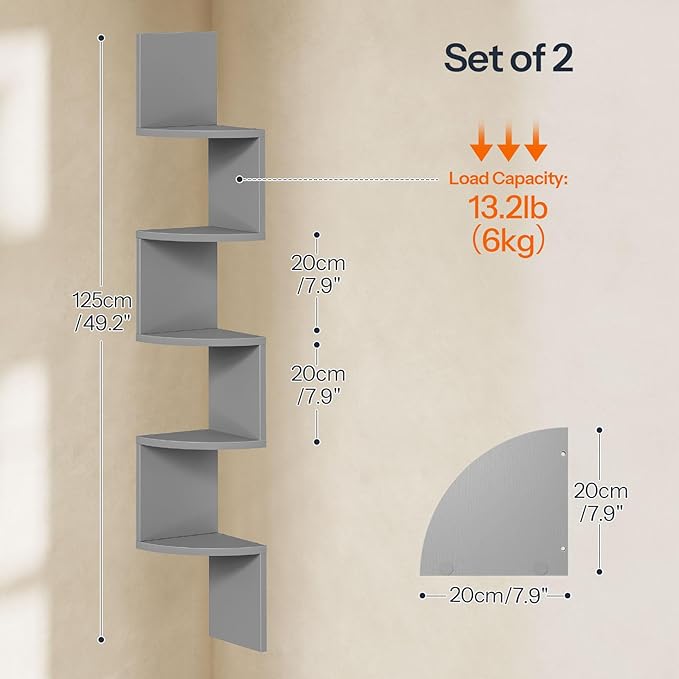 HOOBRO Corner Shelf Wall-Mounted, Set of 2 Floating Corner Shelves for Wall, 5-Tier Bookshelves for Wall Decor in Living Room, Bedroom, Home Office, Dove Gray GY26BJP201